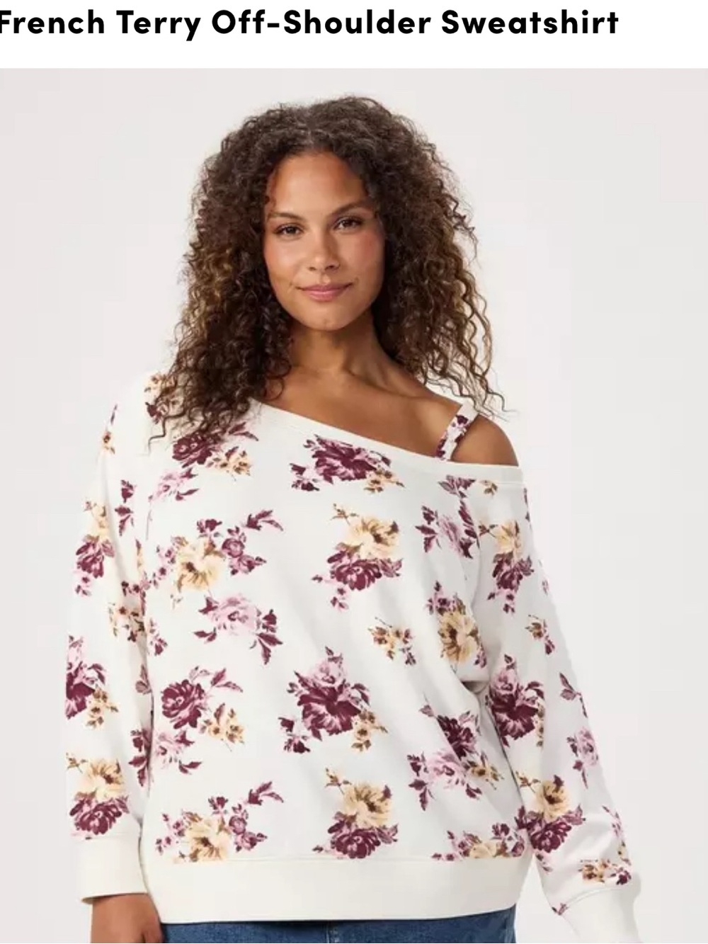French Terry Off-Shoulder Floral Sweatshirt in White, Burgundy & Cream